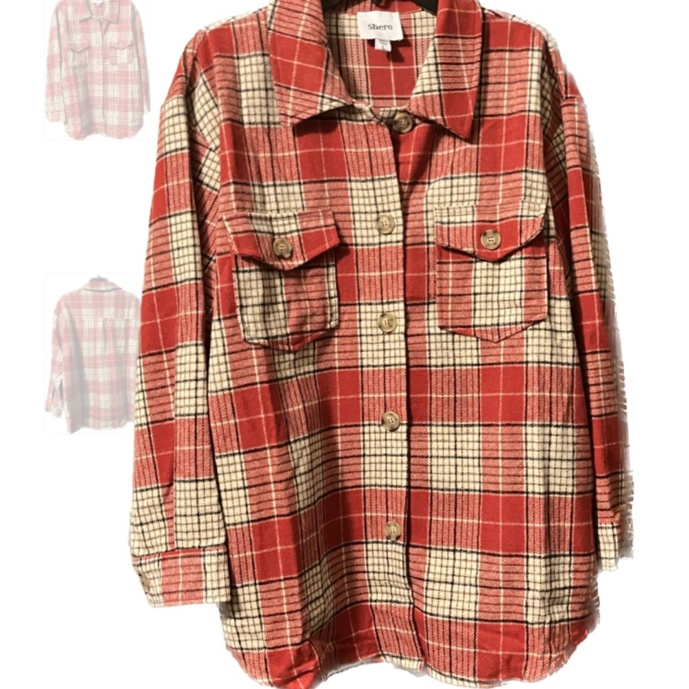 Shacket - red plaid thick flannel women's size large, oversized and soft!
